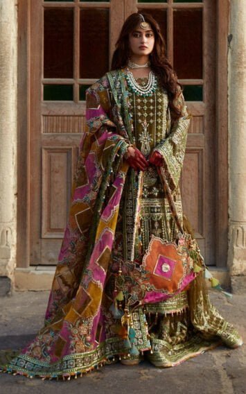 Viraas - Sagar Kinaray Green Bridal Mehndi Gharara Kurti Outfit