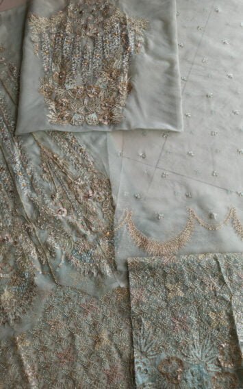 Zille Wedding Festive Pakistani Mint Blue Long Shirt Style Dress 7 EB 4 2