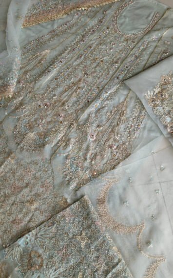 Zille Wedding Festive Pakistani Mint Blue Long Shirt Style Dress 6 EB 5 2