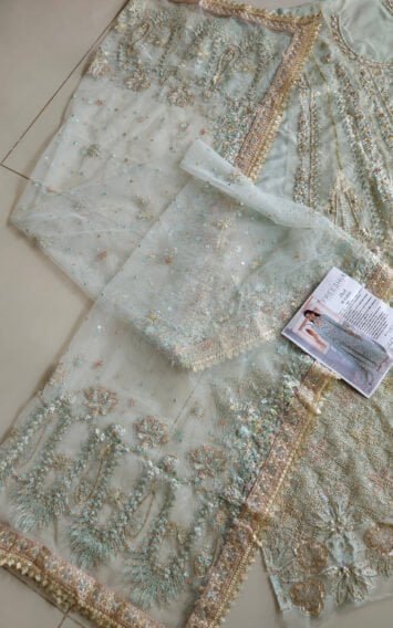 Zille Wedding Festive Pakistani Mint Blue Long Shirt Style Dress 5 EB 6 1