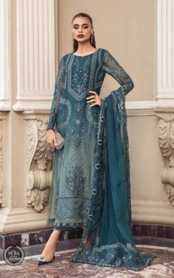 Maria B – Teal Blue Chiffon Embroidered Pakistani Dress