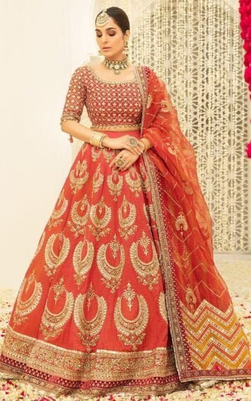 Pakistani Wedding Coral Bridal Lehenga Choli Maxi Frock