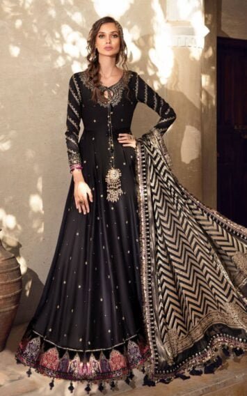 Pakistani Wedding Collection Sateen Black and Burnt Gold Long Gown Maxi Frock