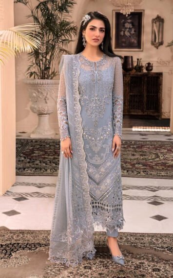 Ice Blue Long Shirt Pakistani Guests Party wear Wedding Edition Outfit