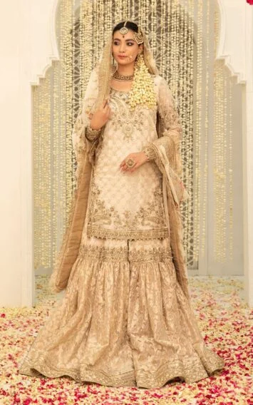 Pakistani Wedding Dresses Ivory Gold Gharara Kurti Outfit