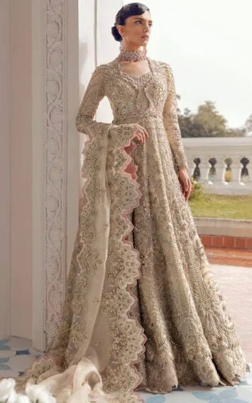 Bridal Light Gold Lehenga Maxi Suffuse Iris Couture - Alena