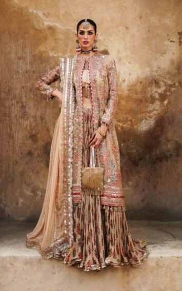 Naghma Pakistani Wedding Formals Beige Gown Printed Crush Sharara Outfit